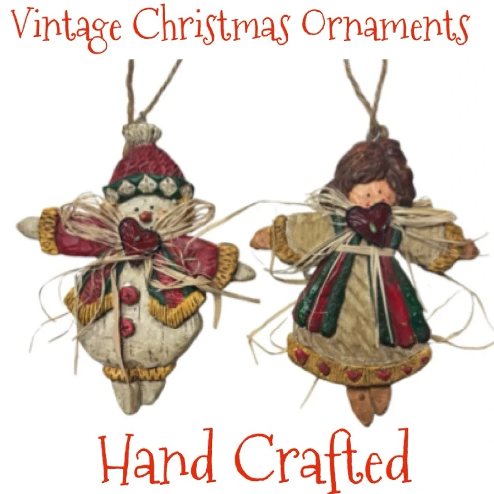 Whimsical Christmas Ornaments Hand Crafted Vintage Snowman Angel 2 Pc Set Red